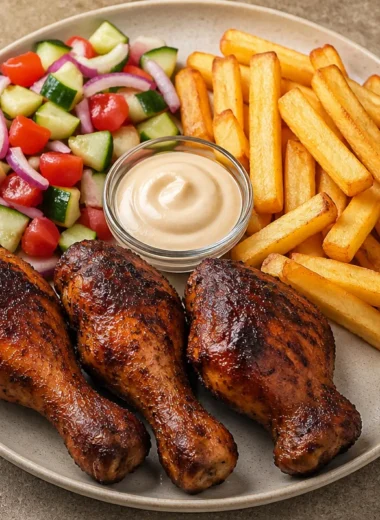 Crispy drumsticks served with fries and salad for a delightful meal.