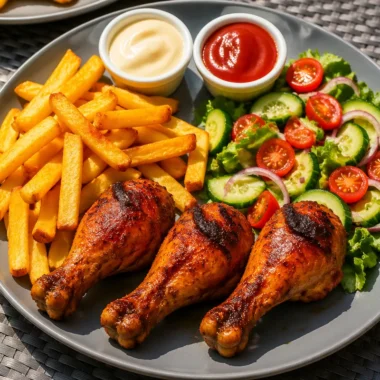 Plate of crispy drumsticks with fries and salad