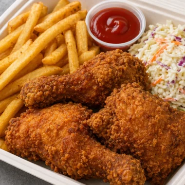 Delicious crispy fried chicken served with fries and coleslaw in a box