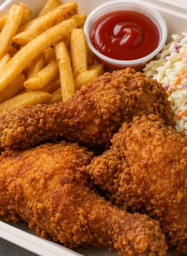 Delicious crispy fried chicken served with fries and coleslaw in a box