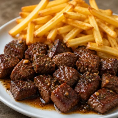 Crispy fries topped with garlic butter steak bites for a delicious meal
