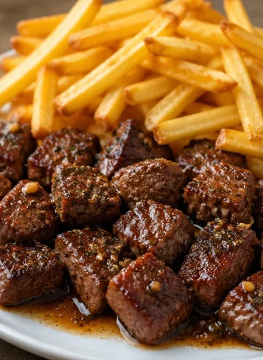 Crispy fries topped with garlic butter steak bites for a delicious meal