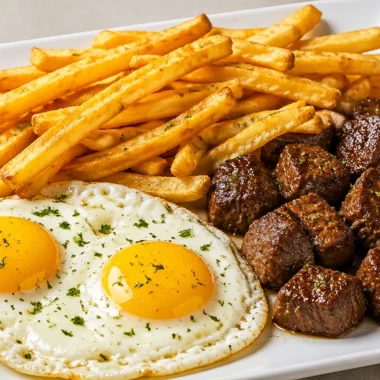 Crispy fries served with juicy steak and perfectly fried eggs