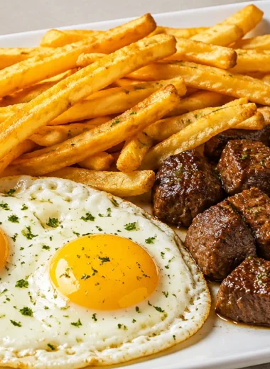 Crispy fries served with juicy steak and perfectly fried eggs