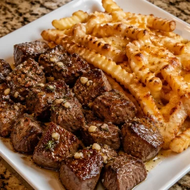 Crispy garlic butter steak bites with melted cheese fries on a plate