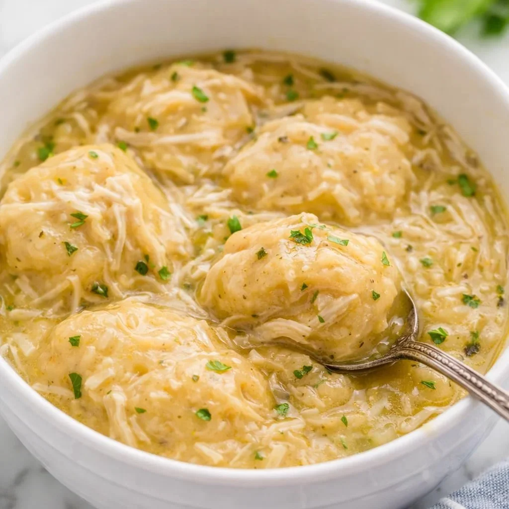 Delicious bowl of Crockpot Chicken and Dumplings with fresh herbs and vegetables