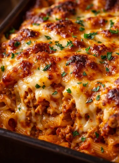 Delicious baked ziti topped with mozzarella and ricotta in a 9x13 inch baking dish.