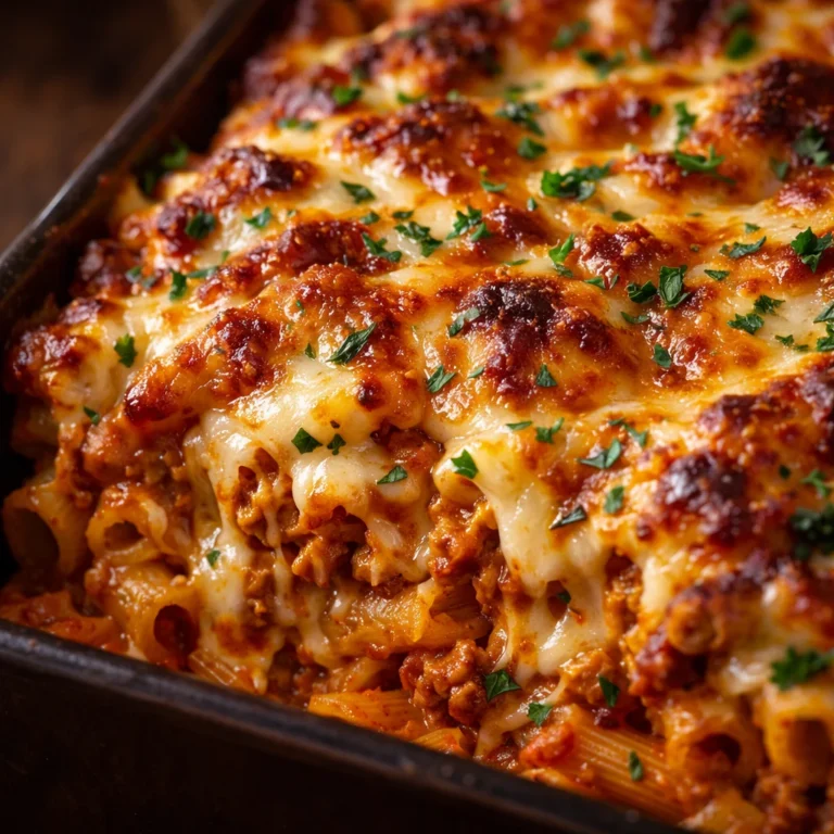 Delicious baked ziti topped with mozzarella and ricotta in a 9x13 inch baking dish.