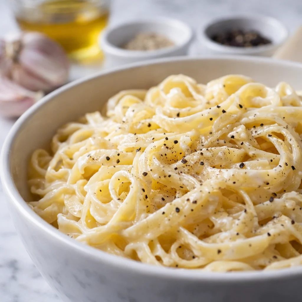 Creamy pasta made without heavy cream, featuring healthy and flavorful ingredients.