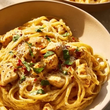 Plate of easy garlic chicken pasta with fresh herbs and vegetables