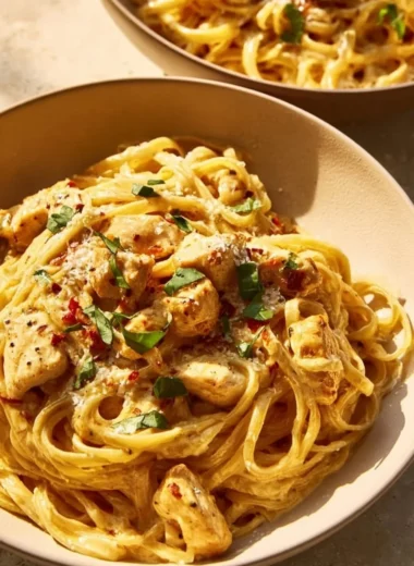 Plate of easy garlic chicken pasta with fresh herbs and vegetables