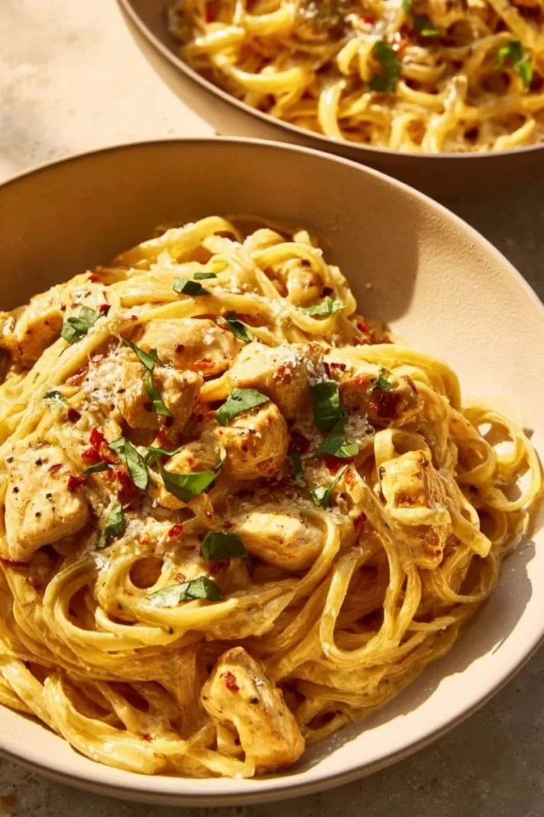 Plate of easy garlic chicken pasta with fresh herbs and vegetables