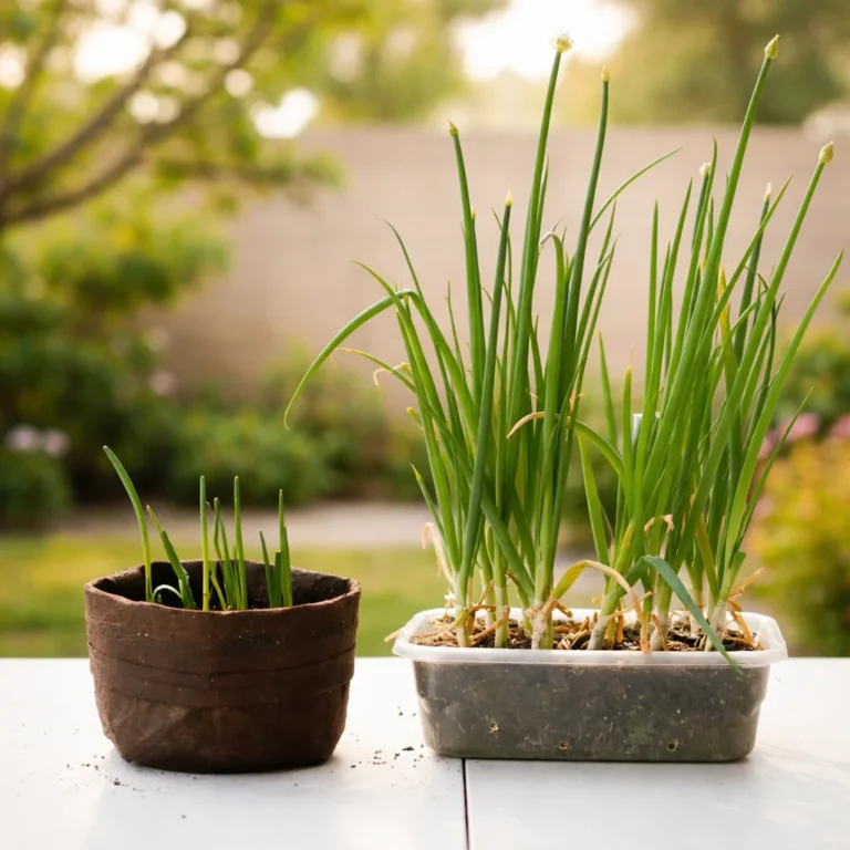 Fresh green onions growing from kitchen scraps in a glass of water.
