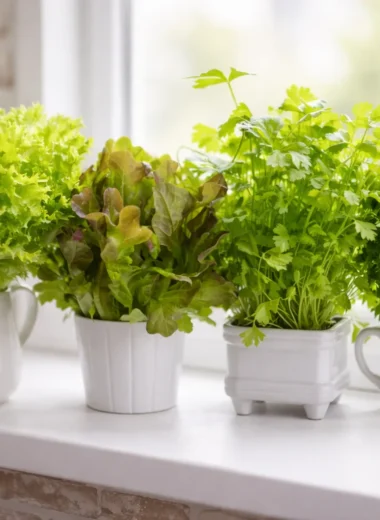 Indoor small kitchen garden setup for apartments and tiny spaces with herbs and vegetables.
