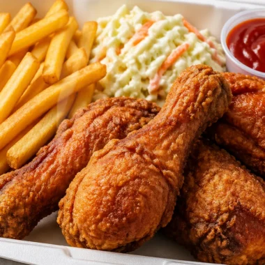 Fried chicken box with fries and coleslaw served in a takeout container
