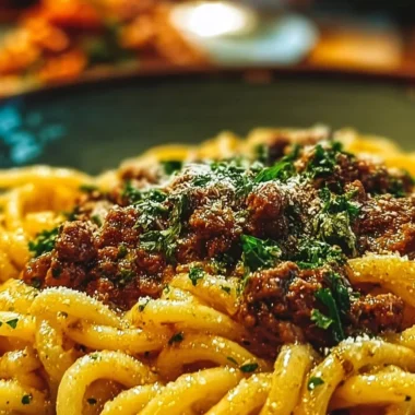 Delicious Garlic Butter Pasta with Ground Beef served in a bowl