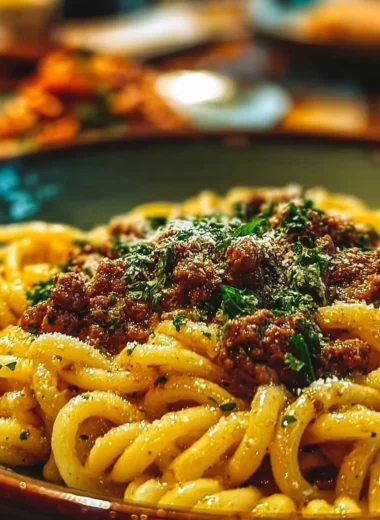Delicious Garlic Butter Pasta with Ground Beef served in a bowl