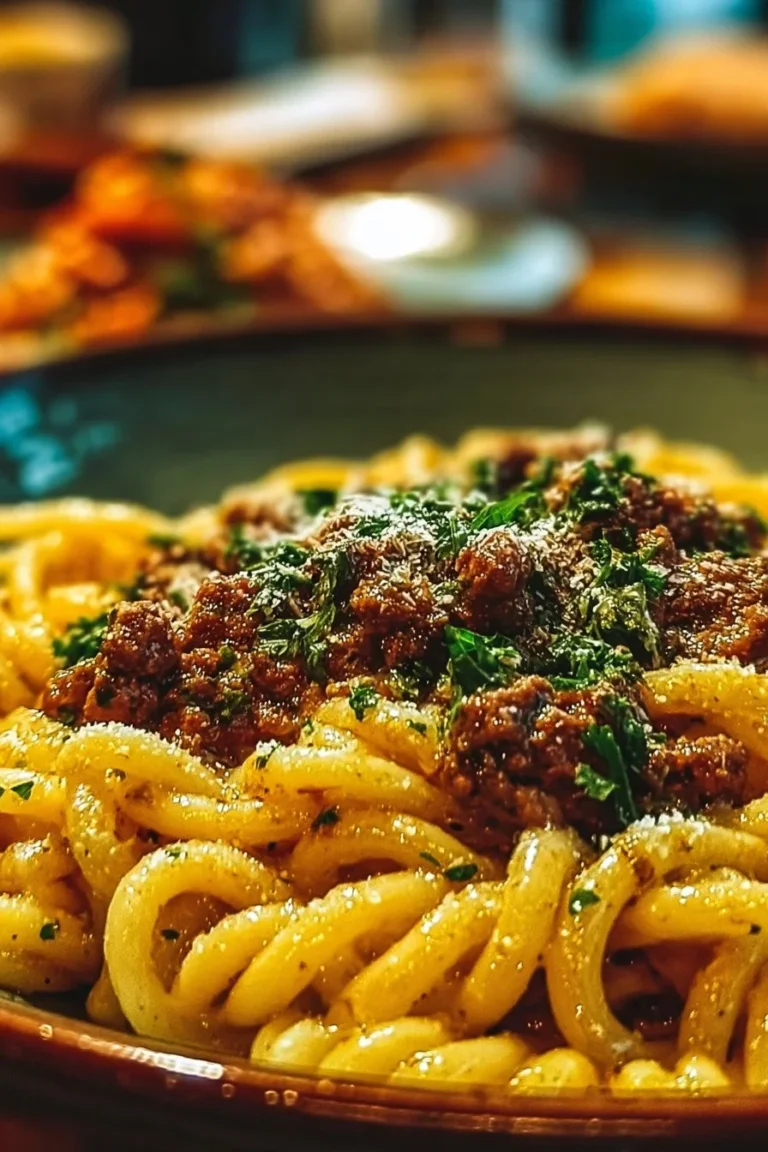 Delicious Garlic Butter Pasta with Ground Beef served in a bowl