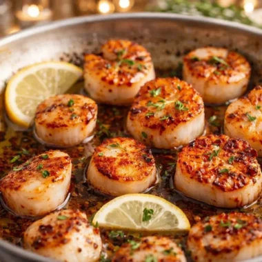 Delicious garlic butter scallops served with a flavorful white wine sauce