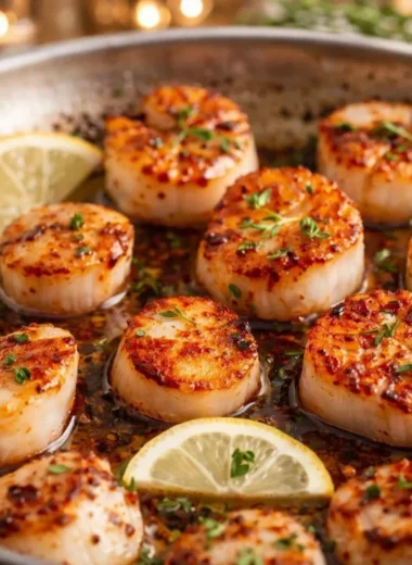 Delicious garlic butter scallops served with a flavorful white wine sauce