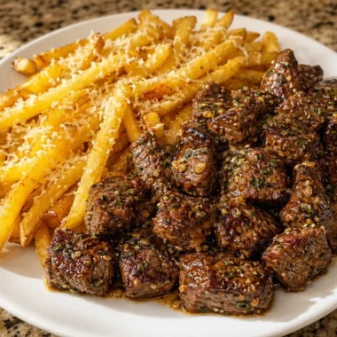 Plate of Garlic Butter Steak Bites with loaded fries