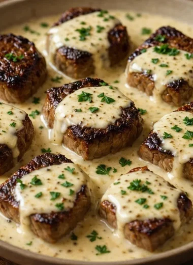 Garlic butter steak bites served with creamy Parmesan sauce on a plate