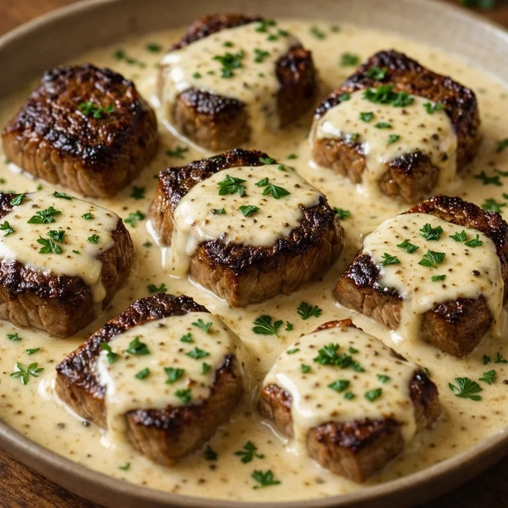 Garlic butter steak bites served with creamy Parmesan sauce on a plate