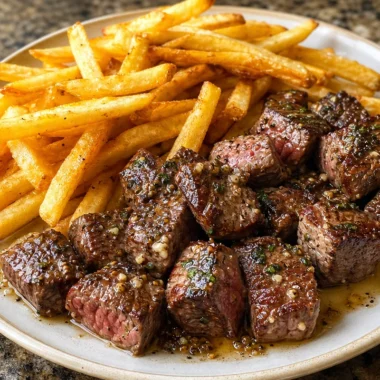 Garlic Butter Steak Bites served with crispy fries on a plate