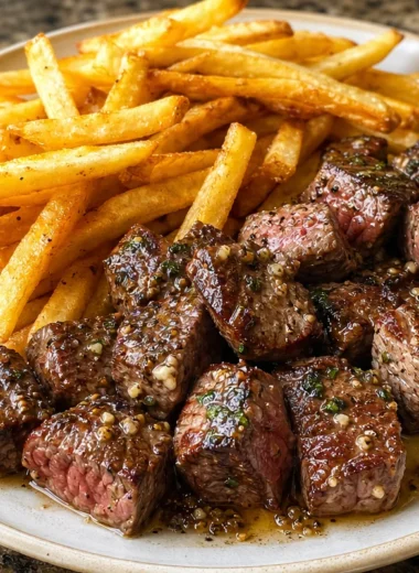 Garlic Butter Steak Bites served with crispy fries on a plate