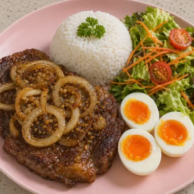 Delicious Garlic Butter Steak Plate with Rice and Fresh Crunch Salad