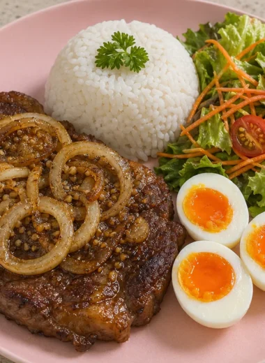 Delicious Garlic Butter Steak Plate with Rice and Fresh Crunch Salad