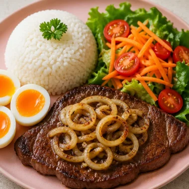 Delicious Garlic Butter Steak served with rice and a fresh crunchy salad