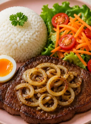 Delicious Garlic Butter Steak served with rice and a fresh crunchy salad