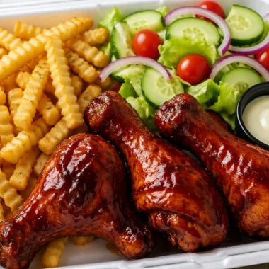 Delicious glazed chicken served with crispy fries in a power box meal.