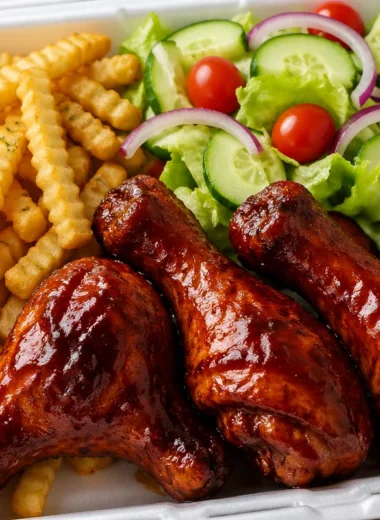 Delicious glazed chicken served with crispy fries in a power box meal.