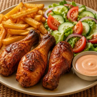 Golden chicken drumsticks served with fries and fresh salad on a plate