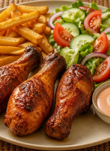 Golden chicken drumsticks served with fries and fresh salad on a plate