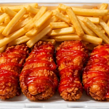 Golden fried chicken and crispy fries served in a takeout box