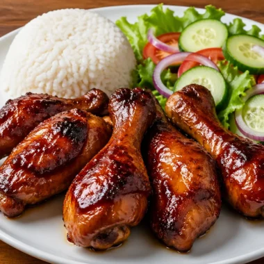 Golden honey garlic chicken drumsticks served with rice and fresh salad