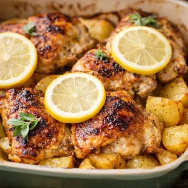 Plate of Greek Lemon Chicken served with crispy roasted potatoes