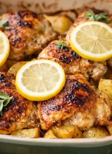 Plate of Greek Lemon Chicken served with crispy roasted potatoes
