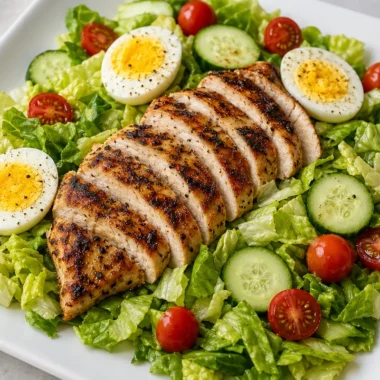 Delicious grilled chicken salad topped with fresh vegetables and dressing