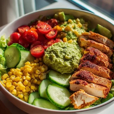 Grilled chicken veggie bowl topped with creamy avocado and fresh vegetables