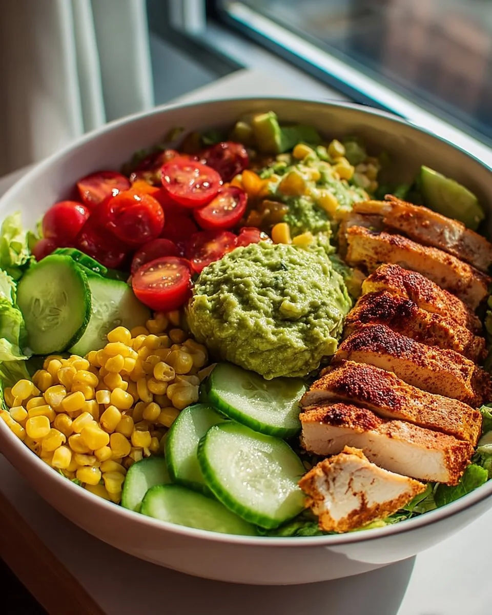 Grilled chicken veggie bowl topped with creamy avocado and fresh vegetables