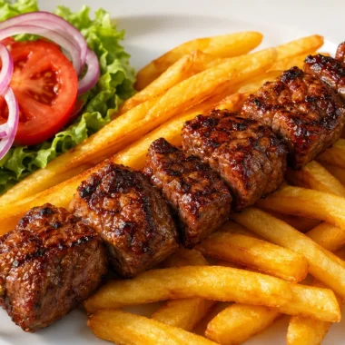 Grilled steak skewers with fries on a plate