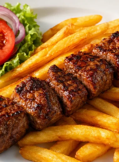Grilled steak skewers with fries on a plate