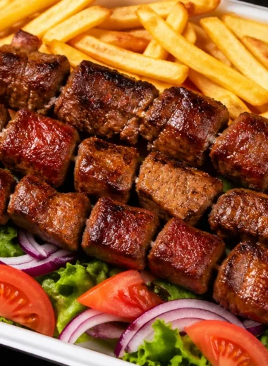 Grilled steak skewers served with crispy fries and a fresh salad.