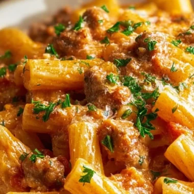 Creamy Italian sausage rigatoni served in a bowl with fresh herbs garnish