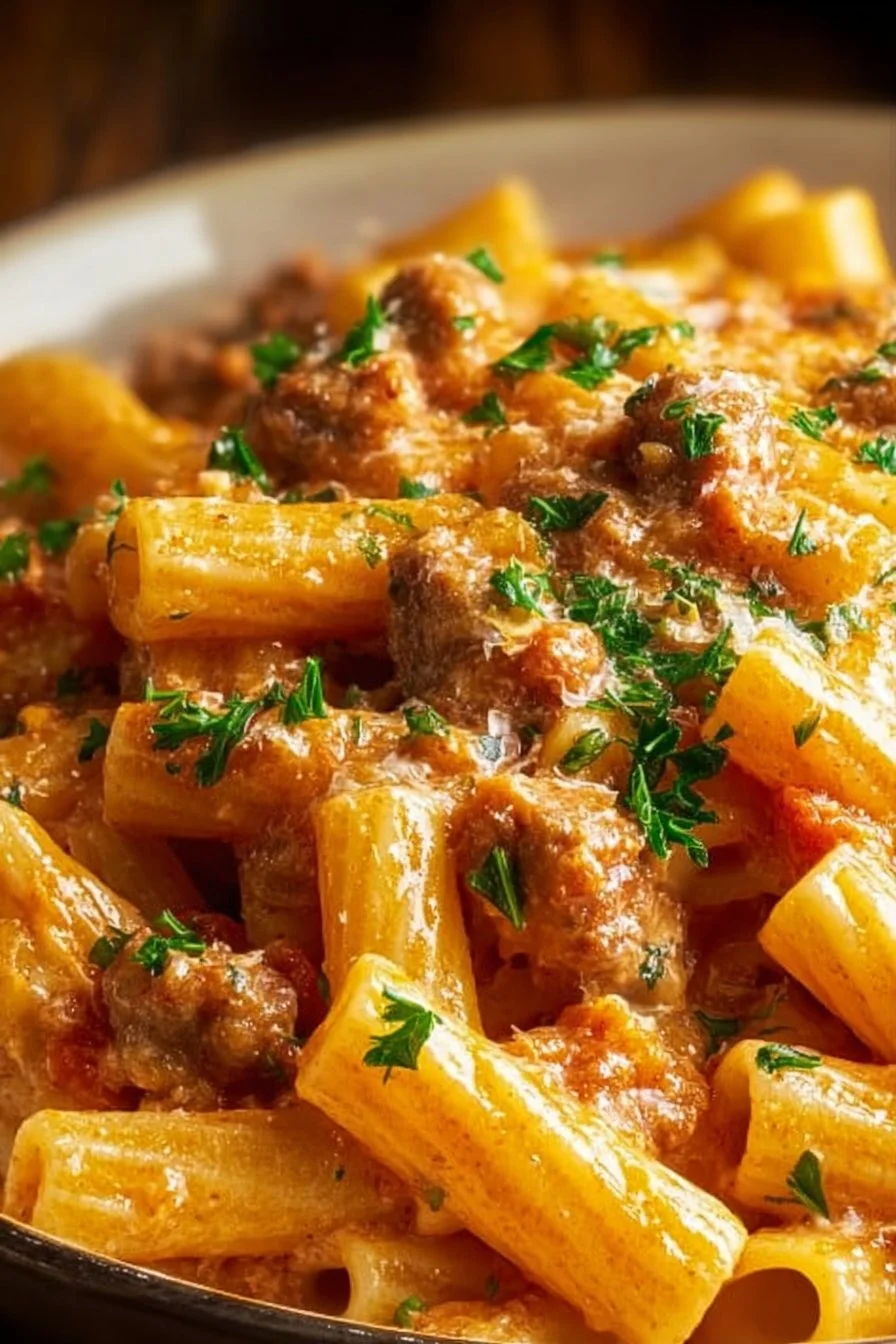 Creamy Italian sausage rigatoni served in a bowl with fresh herbs garnish