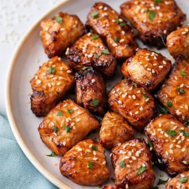 Honey garlic salmon bites appetizer on a plate garnished with herbs
